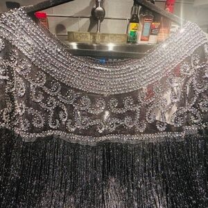 GORGEOUS BRAND NEW SEQUIN BLACK/SILVER COCKTAIL EVENING SEE-THRU FRINGE CAPE!!!